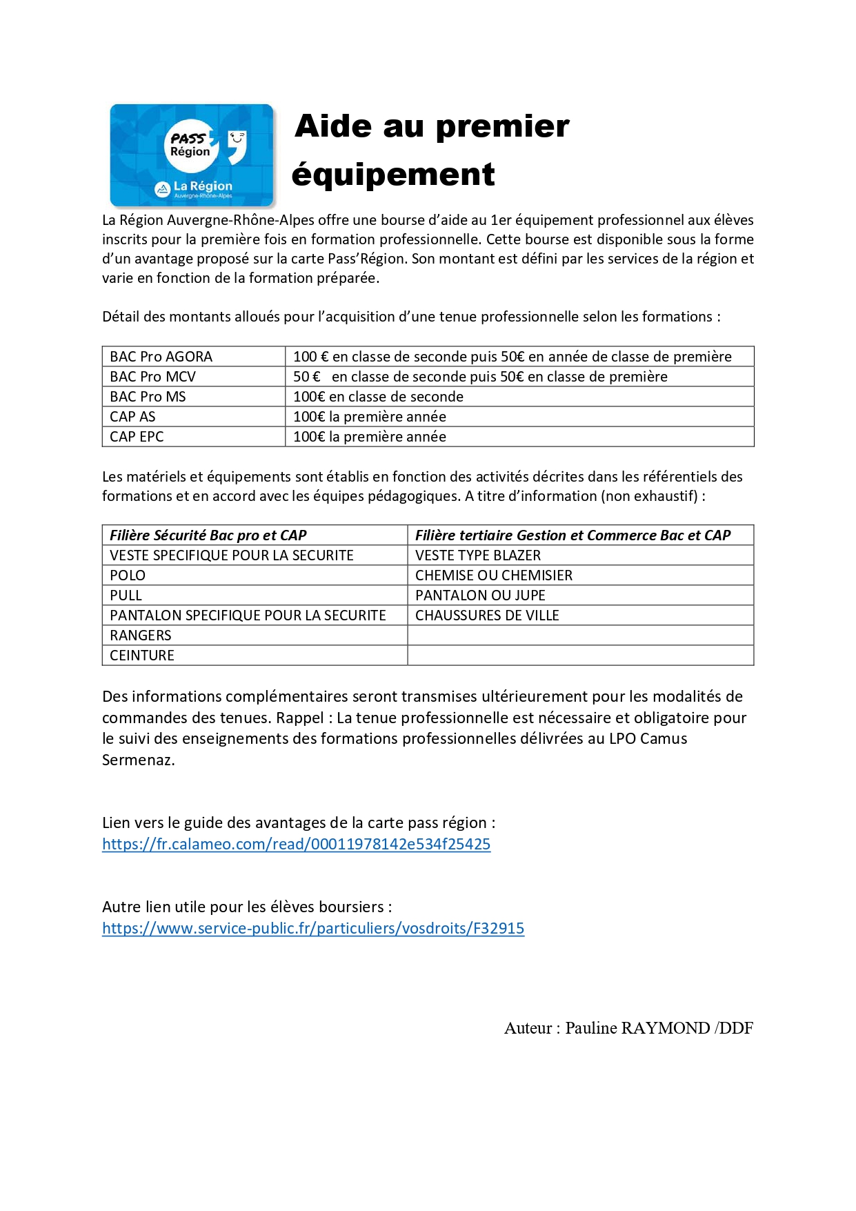 Aide au premier équipement Actualités et agenda Lycée Albert Camus